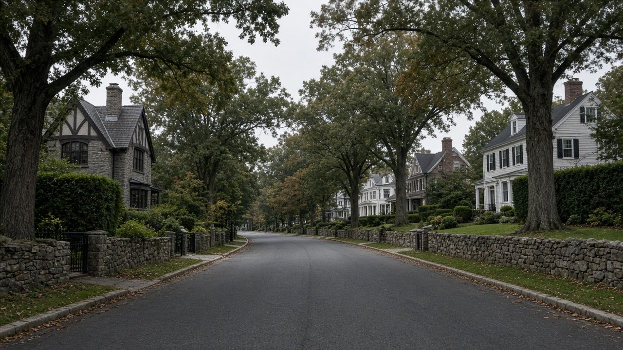 A quiet tree-lined Westchester street of colonial and Tudor houses