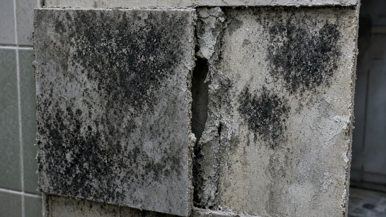 Black mold on damaged wallboard next to bathroom tile