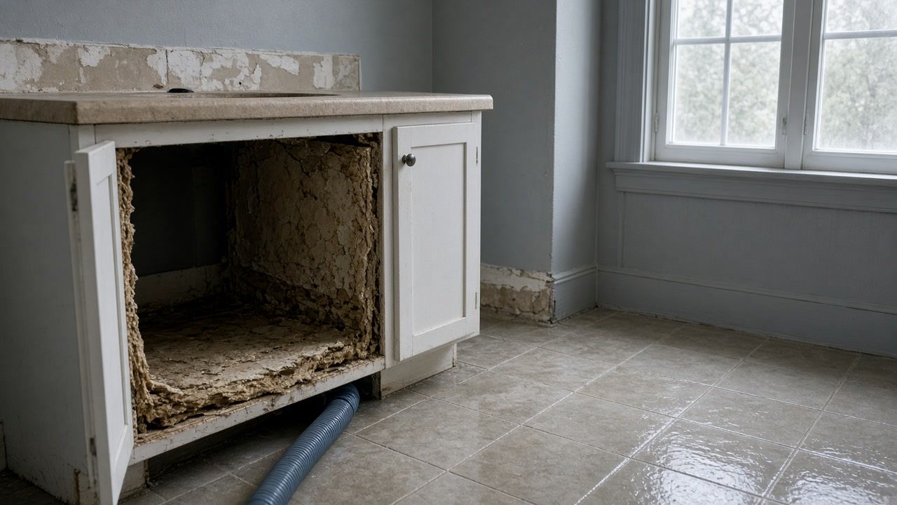 A water-damaged vanity cabinet with swollen particleboard and a dehumidifier hose