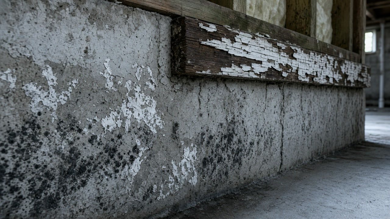 Black mold and peeling paint along a damp basement foundation wall