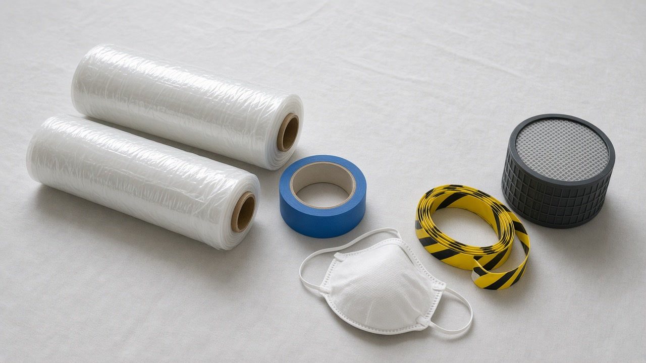 Containment plastic, tape, a respirator, and a HEPA filter laid out for mold work