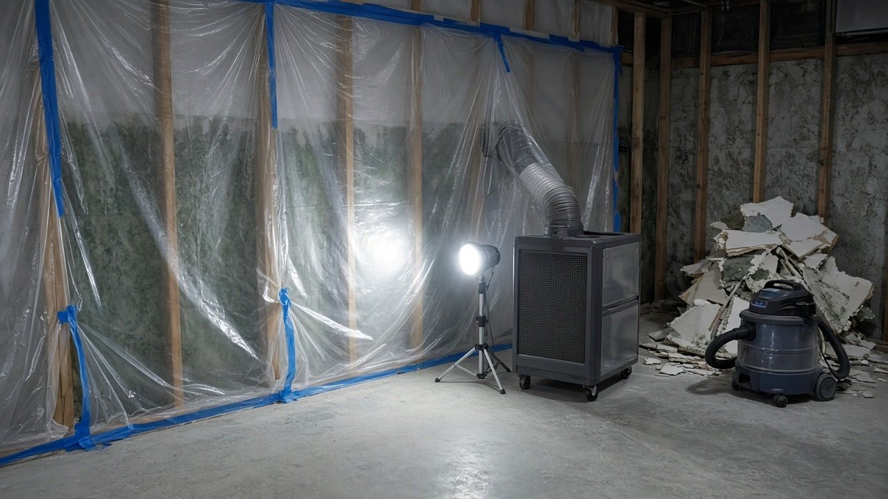 Plastic containment and a HEPA air scrubber during basement mold remediation